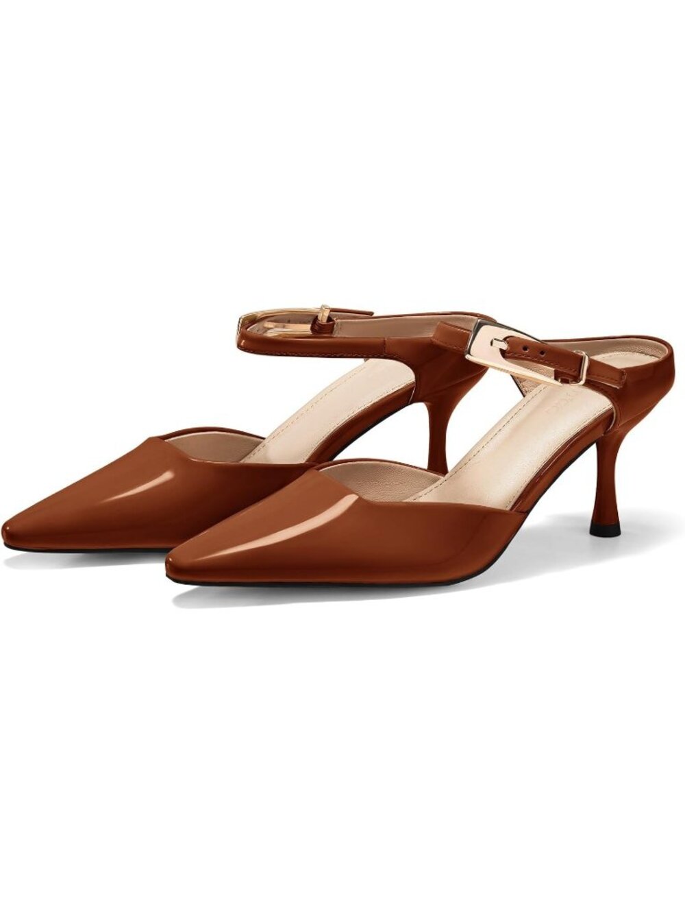 Women's Brown Faux Leather Closed Pointed Toe Ankle Buckle Strap Kitten Heels